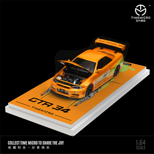 Time Micro 1:64 Nissan Skyline GT-R R34 Z-Tune Fast & Furious Orange Openable Engine Hood