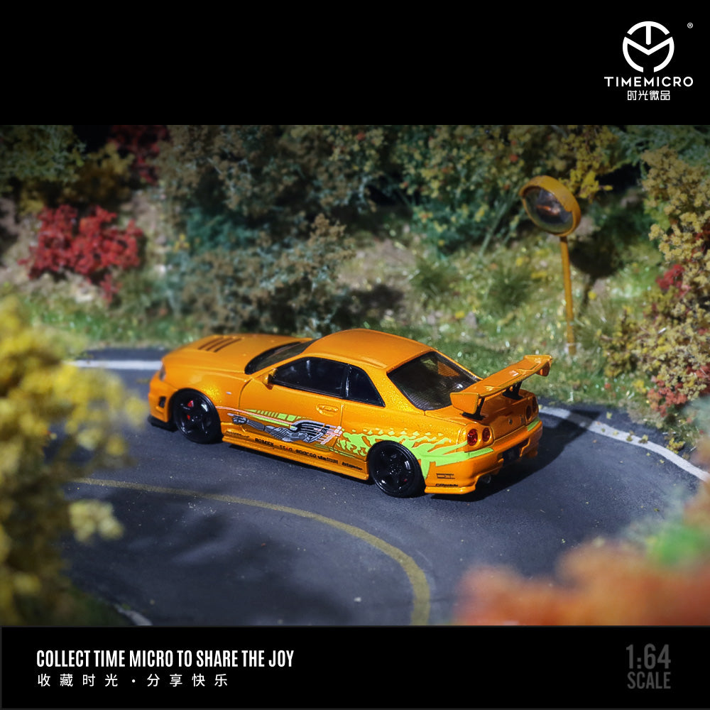 Time Micro 1:64 Nissan Skyline GT-R R34 Z-Tune Fast & Furious Orange Openable Engine Hood