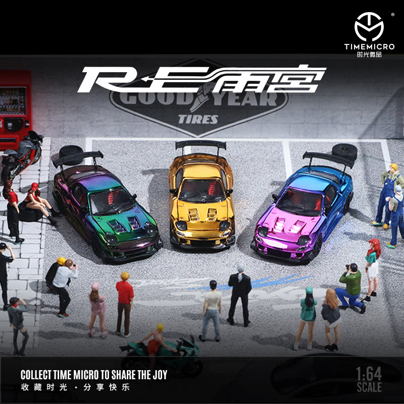 Time Micro 1:64 Mazda RX-7 FD3S RE-Amemiya Chrome Green Purple Openable Engine Hood