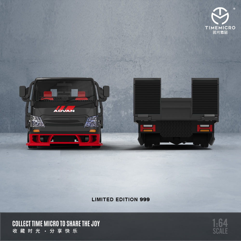 Time Micro 1/64 Hino H300 Flat bed Transport Trailer Truck Extendable Flat Bed Advan Edition + Nissan Skyline GT-R R34 Openable Front Hood Detailed Engine + Model Girl Figure Full Set