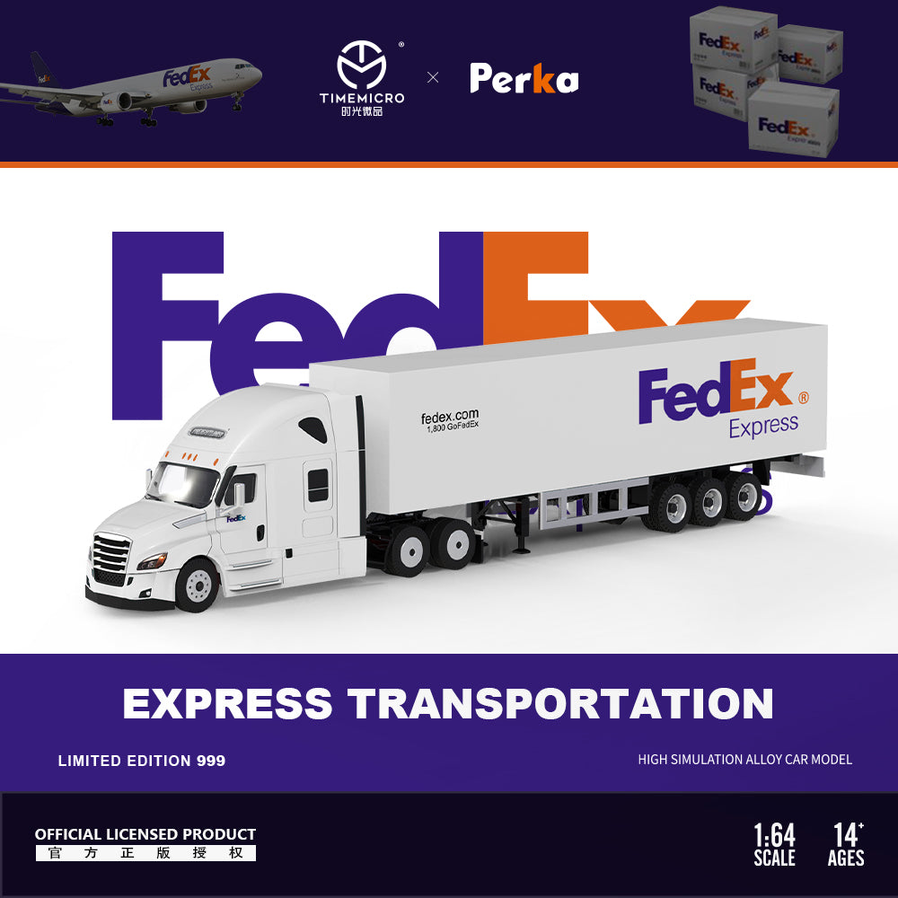 Time Micro x Perka 1:64 Freightliner Truck Express Transportation Openable Engine Hood FedEx Edition