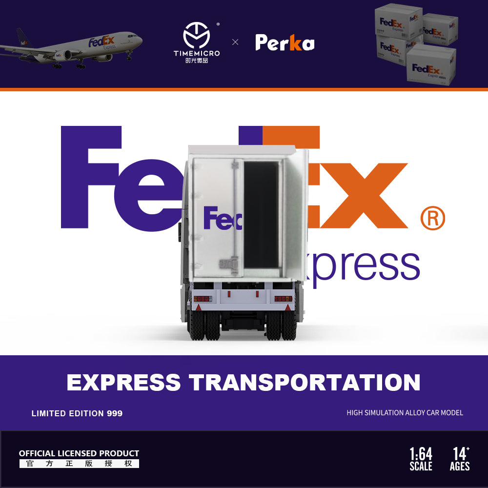 Time Micro x Perka 1:64 Freightliner Truck Express Transportation Openable Engine Hood FedEx Edition