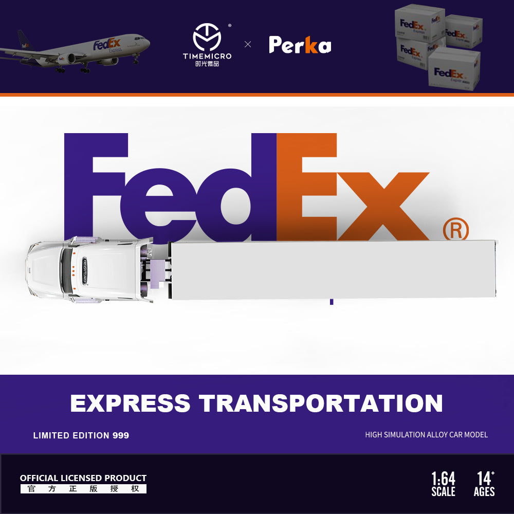 Time Micro x Perka 1:64 Freightliner Truck Express Transportation Openable Engine Hood FedEx Edition