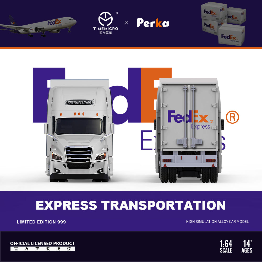 Time Micro x Perka 1:64 Freightliner Truck Express Transportation Openable Engine Hood FedEx Edition