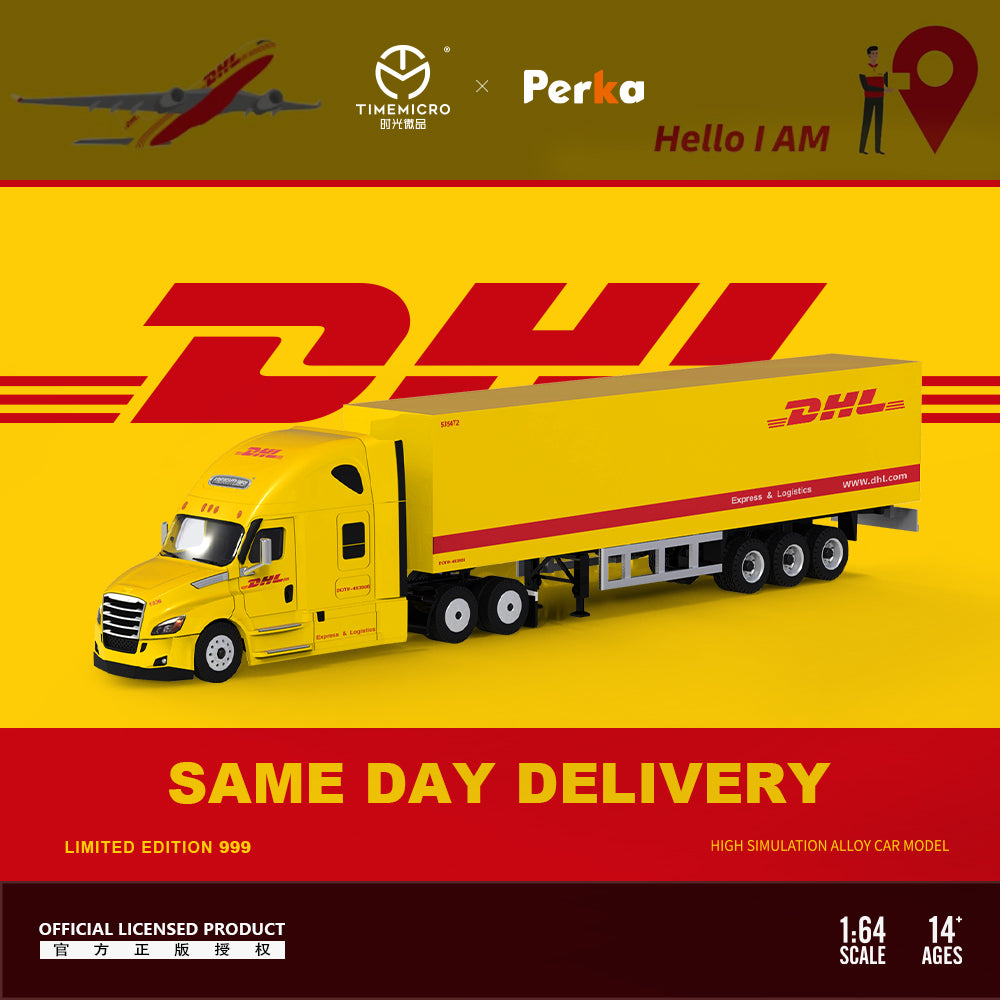 Time Micro x Perka 1:64 Freightliner Truck Same Day Delivery Openable Engine Hood DHL Edition