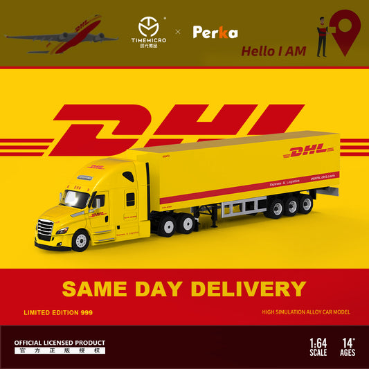 Time Micro x Perka 1:64 Freightliner Truck Same Day Delivery Openable Engine Hood DHL Edition