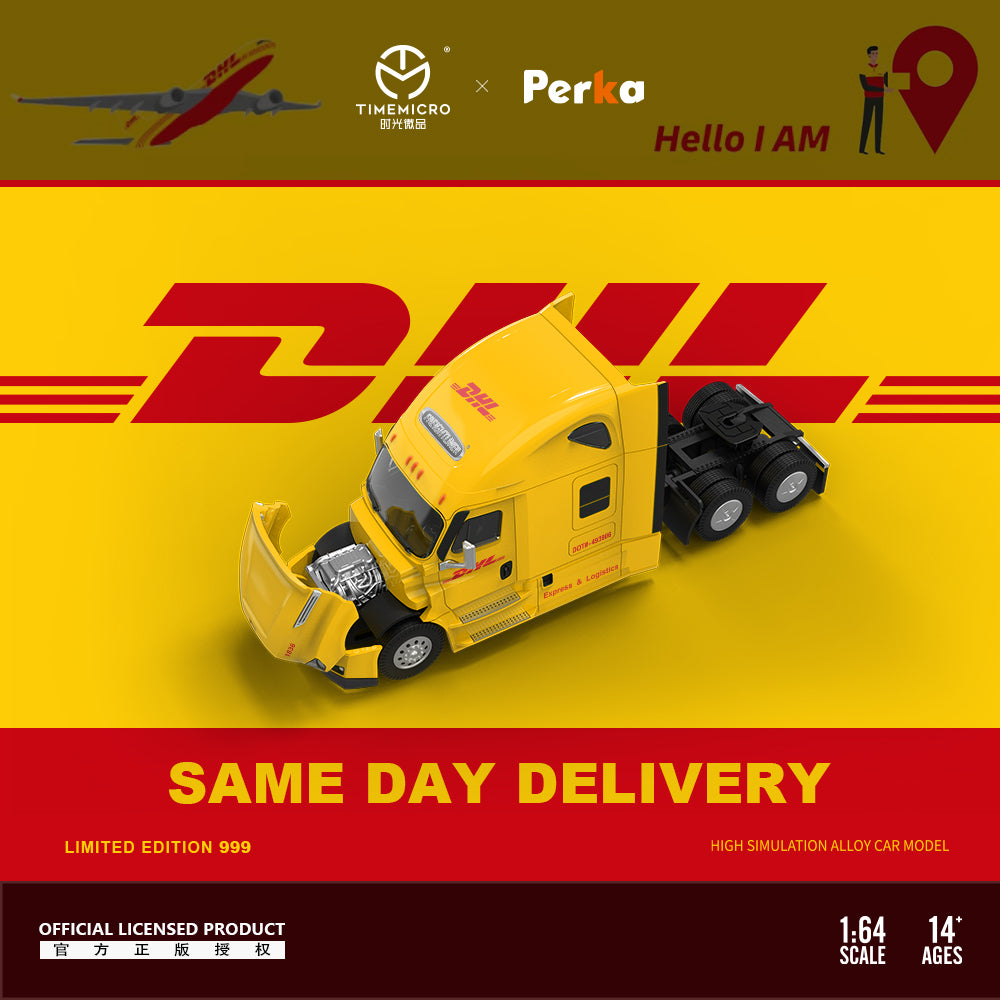 Time Micro x Perka 1:64 Freightliner Truck Same Day Delivery Openable Engine Hood DHL Edition