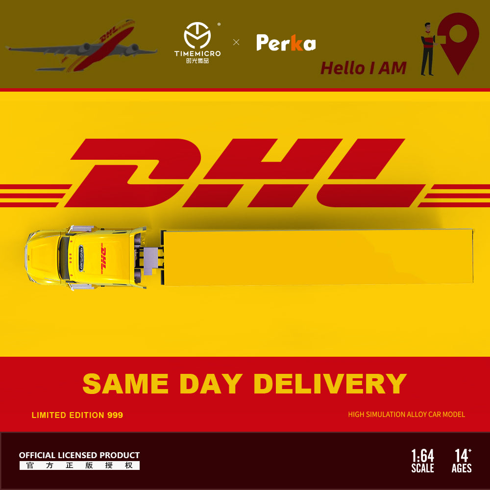 Time Micro x Perka 1:64 Freightliner Truck Same Day Delivery Openable Engine Hood DHL Edition