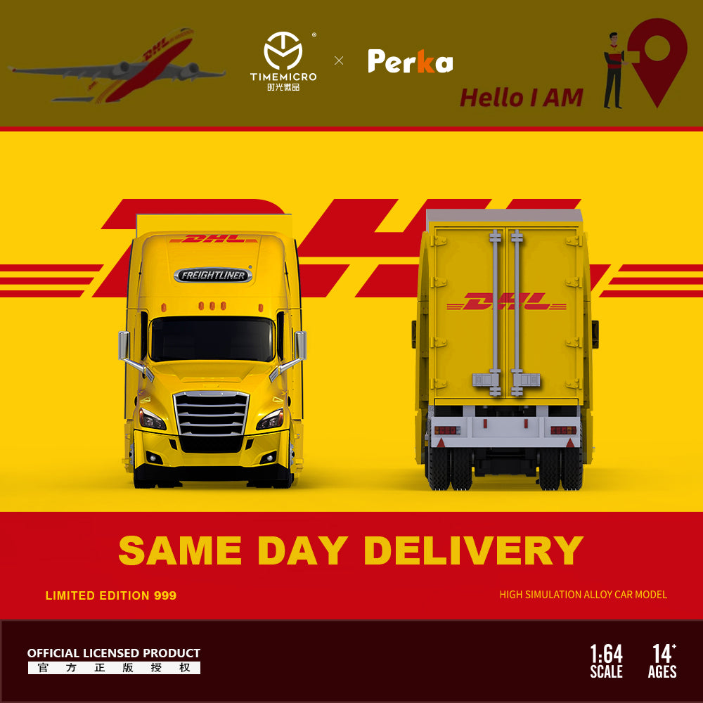 Time Micro x Perka 1:64 Freightliner Truck Same Day Delivery Openable Engine Hood DHL Edition