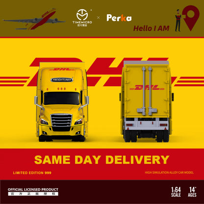 Time Micro x Perka 1:64 Freightliner Truck Same Day Delivery Openable Engine Hood DHL Edition