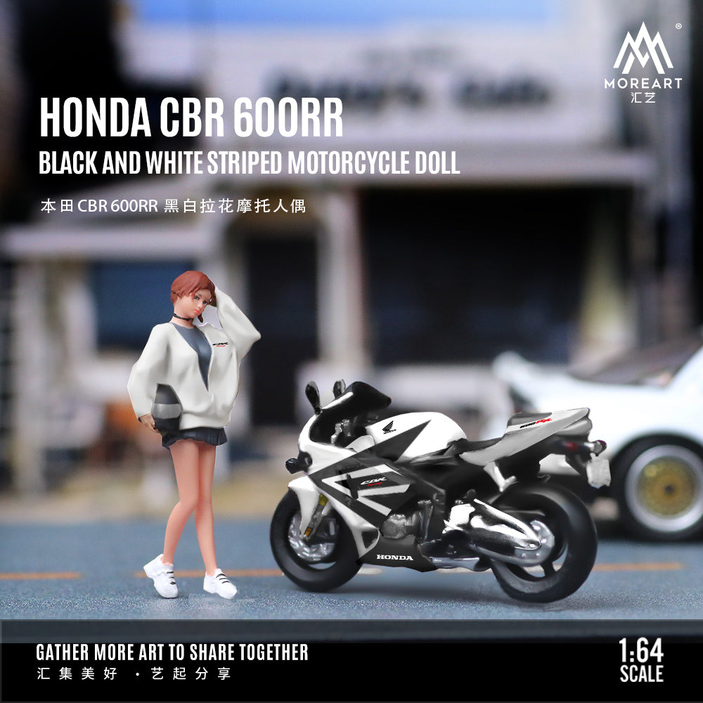 MoreArt 1:64 Honda CBR 600RR Black and White Striped Motorcycle Doll Set (1 Motorcycle + 1 Figure)