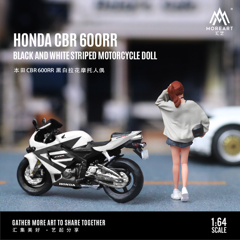 MoreArt 1:64 Honda CBR 600RR Black and White Striped Motorcycle Doll Set (1 Motorcycle + 1 Figure)