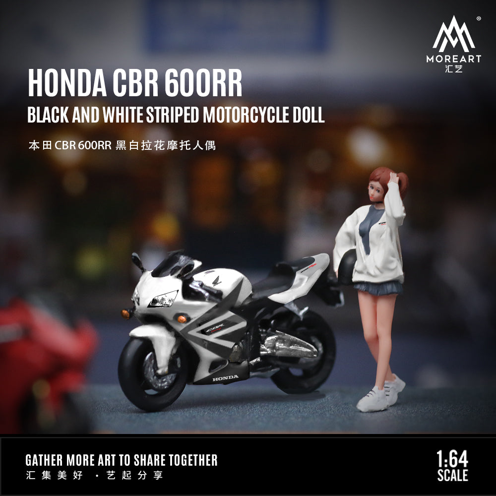 MoreArt 1:64 Honda CBR 600RR Black and White Striped Motorcycle Doll Set (1 Motorcycle + 1 Figure)