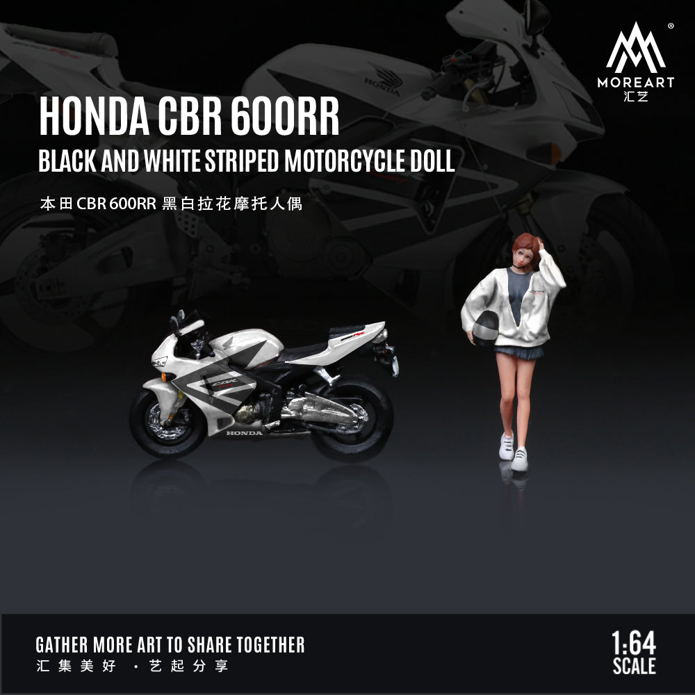 MoreArt 1:64 Honda CBR 600RR Black and White Striped Motorcycle Doll Set (1 Motorcycle + 1 Figure)