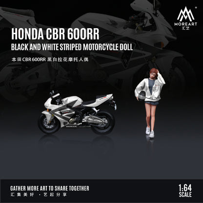 MoreArt 1:64 Honda CBR 600RR Black and White Striped Motorcycle Doll Set (1 Motorcycle + 1 Figure)