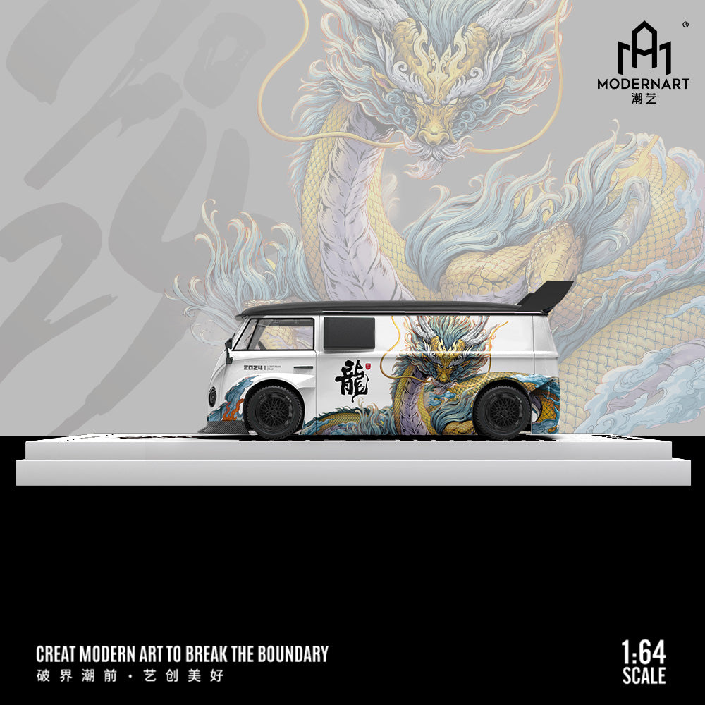 ModernArt 1:64 Mercedes Benz Actros Container Truck Chinese Dragon 2024 Edition + Volkswagen Beetle + Volkswagen Kombi T1 Camper Van + 2 Figures Full Set
