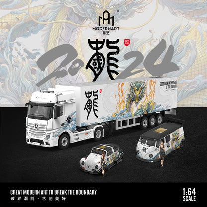 ModernArt 1:64 Mercedes Benz Actros Container Truck Chinese Dragon 2024 Edition + Volkswagen Beetle + Volkswagen Kombi T1 Camper Van + 2 Figures Full Set