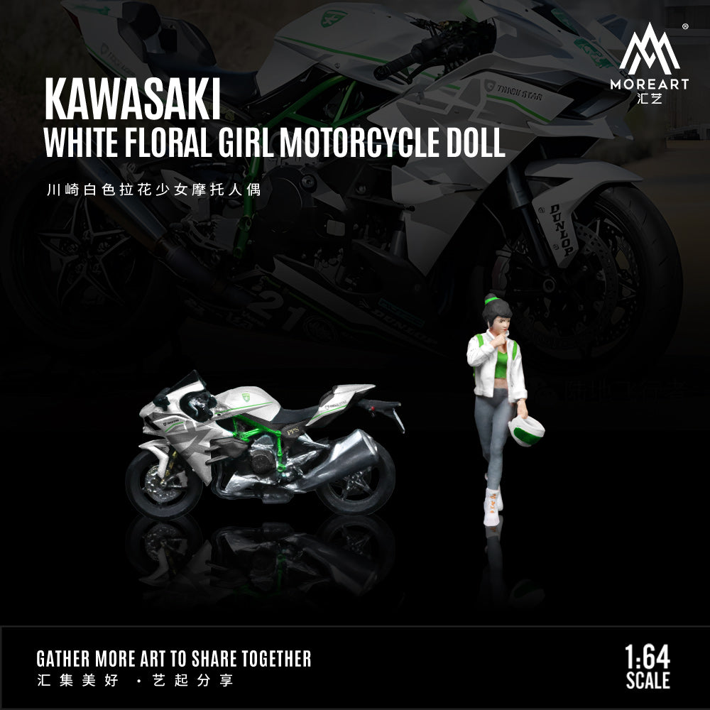 MoreArt 1:64 Kawasaki White Floral Girl Motorcycle Doll Set (1 Motorcycle + 1 Figure)