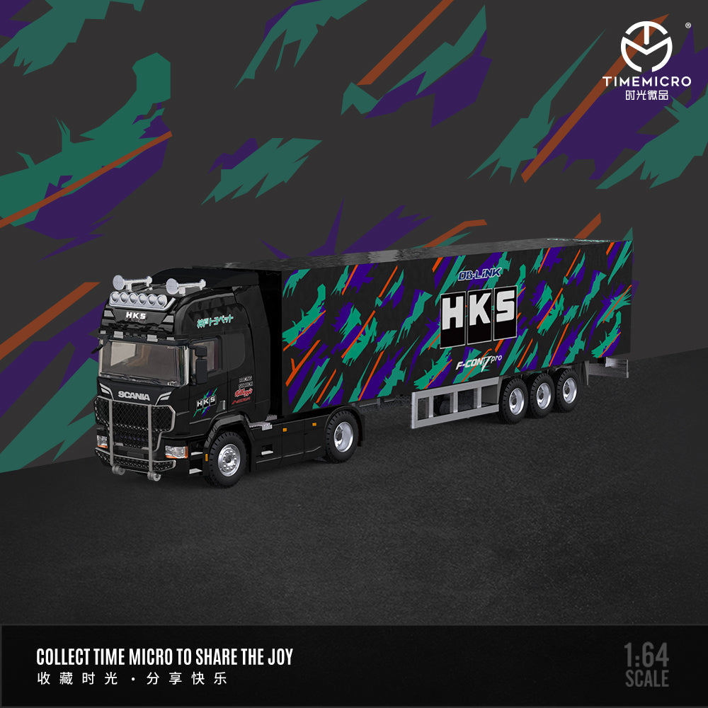 Time Micro 1:64 Scania Container Truck HKS Edition + BMW M4 + Volkswagen Beetle +2 Figures Full Set