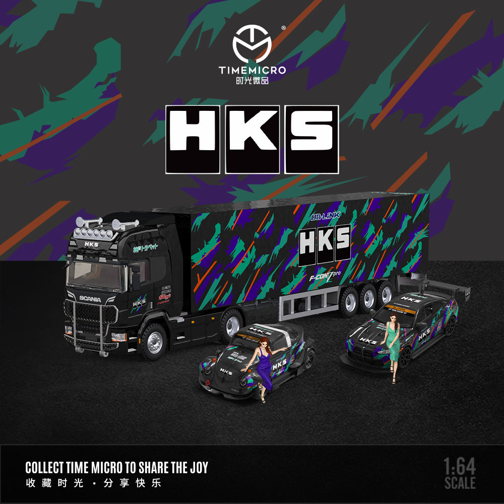 Time Micro 1:64 Scania Container Truck HKS Edition + BMW M4 + Volkswagen Beetle +2 Figures Full Set