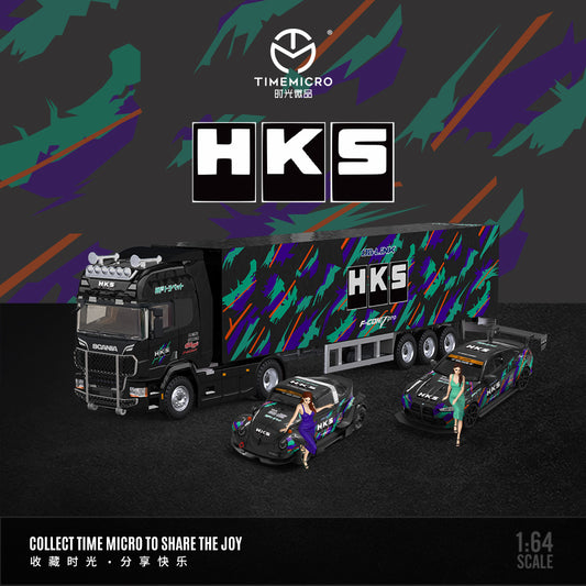Time Micro 1:64 Scania Container Truck HKS Edition + BMW M4 + Volkswagen Beetle +2 Figures Full Set