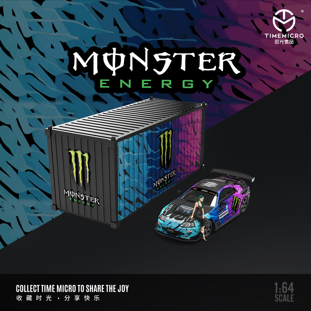 Time Micro 1:64 Toyota Supra A80Z Black Monster Energy Edition with Metal Cargo Container and Model Girl Figure