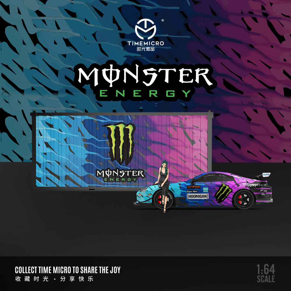 Time Micro 1:64 Toyota Supra A80Z Black Monster Energy Edition with Metal Cargo Container and Model Girl Figure