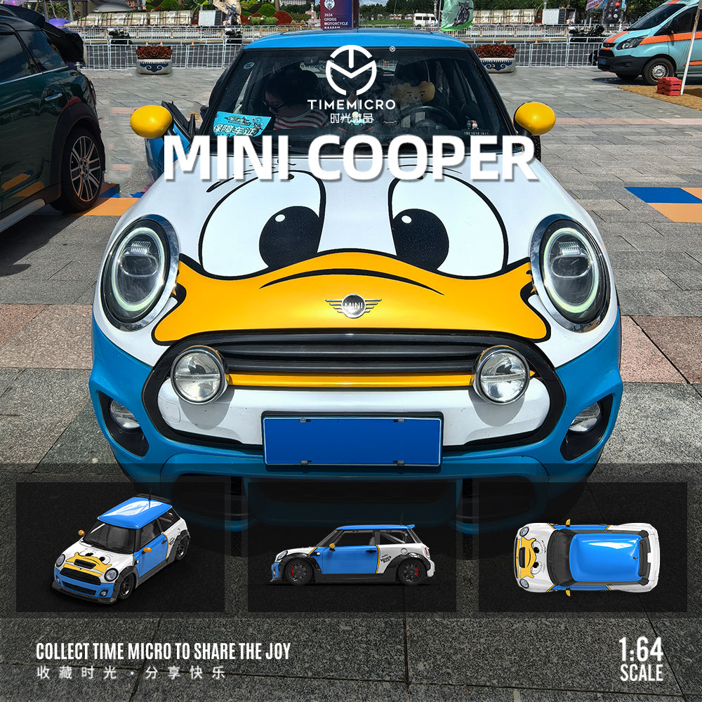Time Micro 1/64 Hino H300 Flat bed Transport Trailer Truck Extendable Flat Bed Donald Duck Edition + Mini Cooper + Model Girl Figure Full Set