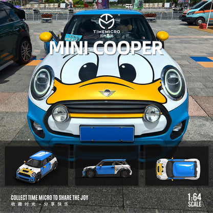 Time Micro 1/64 Hino H300 Flat bed Transport Trailer Truck Extendable Flat Bed Donald Duck Edition + Mini Cooper + Model Girl Figure Full Set
