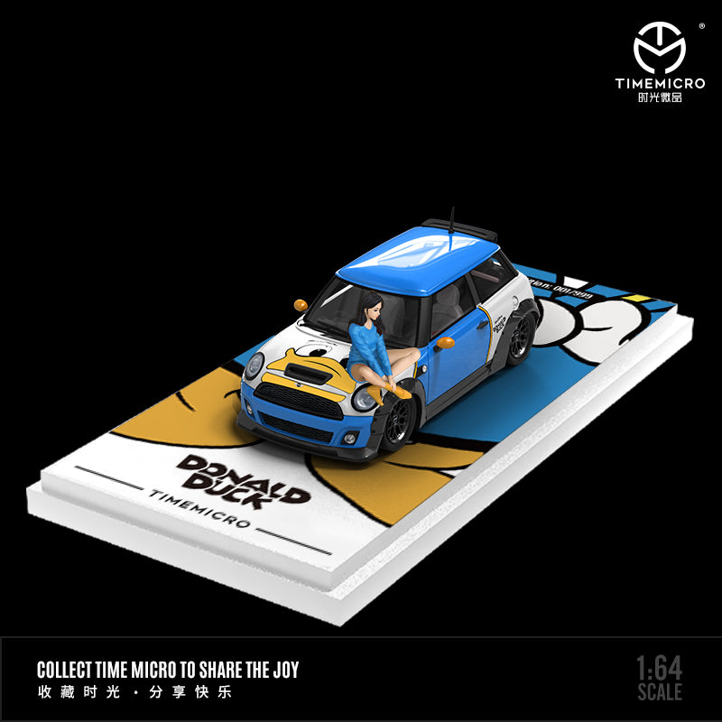 Time Micro 1/64 Hino H300 Flat bed Transport Trailer Truck Extendable Flat Bed Donald Duck Edition + Mini Cooper + Model Girl Figure Full Set