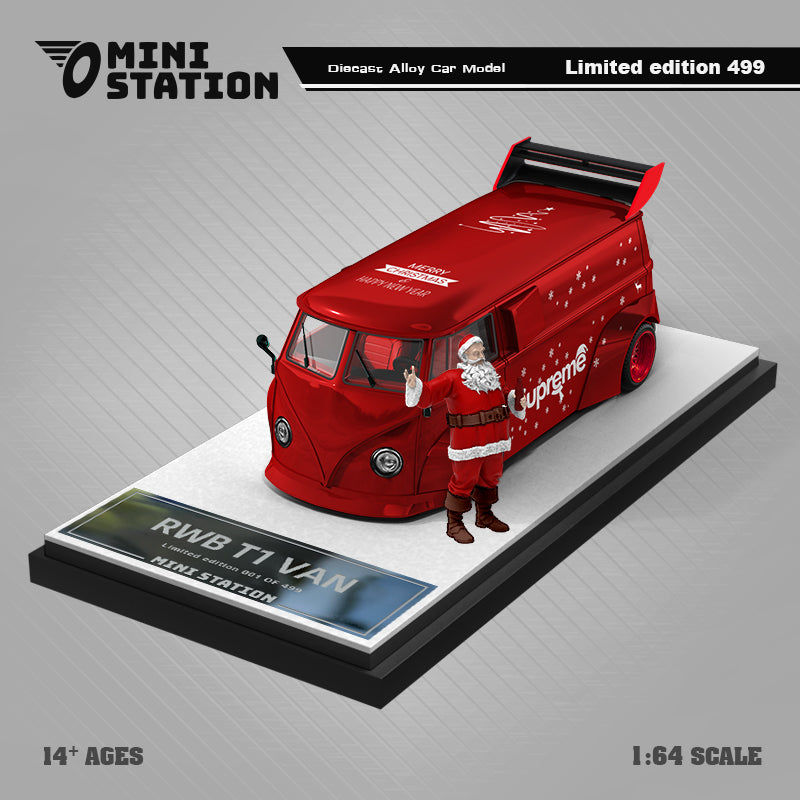 Mini Station 1:64 Volkswagen T1 Kombi Camper Van Metallic Red Supreme Christmas Edition with Santa Claus Model Figure
