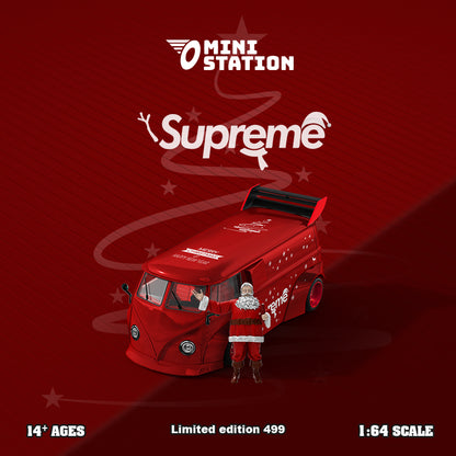 Mini Station 1:64 Volkswagen T1 Kombi Camper Van Metallic Red Supreme Christmas Edition with Santa Claus Model Figure