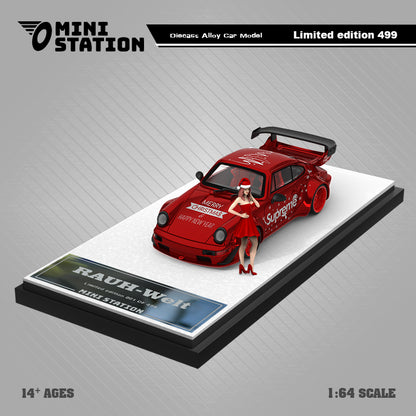 Mini Station 1:64 Porsche RWB 964 Metallic Red Supreme Christmas Edition with Christmas Girl Model Figure