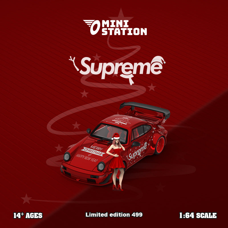 Mini Station 1:64 Porsche RWB 964 Metallic Red Supreme Christmas Edition with Christmas Girl Model Figure