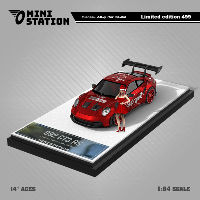 Mini Station 1:64 Porsche 992 GT3 RS Metallic Red Supreme Christmas Edition with Christmas Girl Model Figure
