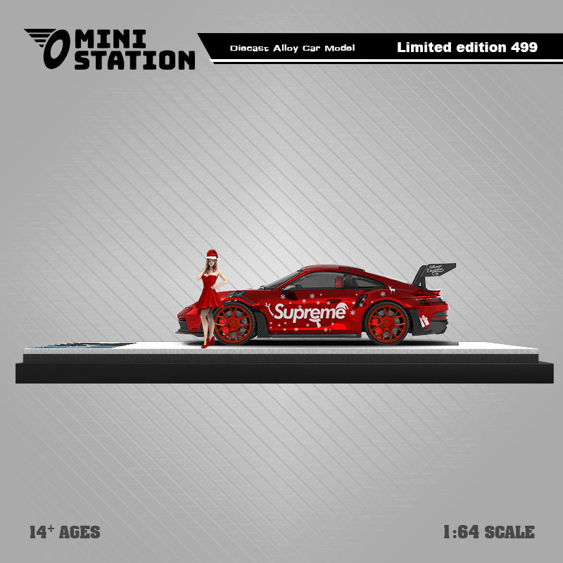 Mini Station 1:64 Porsche 992 GT3 RS Metallic Red Supreme Christmas Edition with Christmas Girl Model Figure