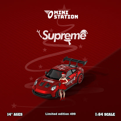 Mini Station 1:64 Porsche 992 GT3 RS Metallic Red Supreme Christmas Edition with Christmas Girl Model Figure