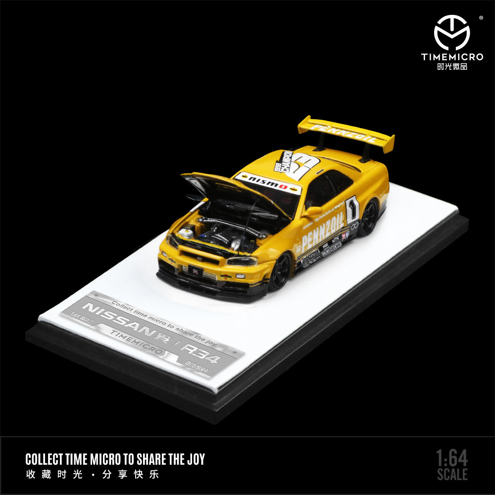 Time Micro 1:64 Nissan Skyline GT-R R34 Z-Tune Openable Engine Hood Yellow and Black