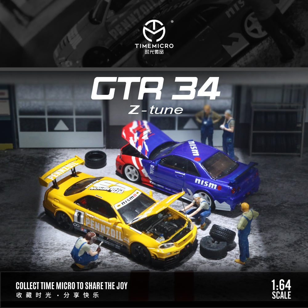 Time Micro 1:64 Nissan Skyline GT-R R34 Z-Tune Openable Engine Hood Red and Blue