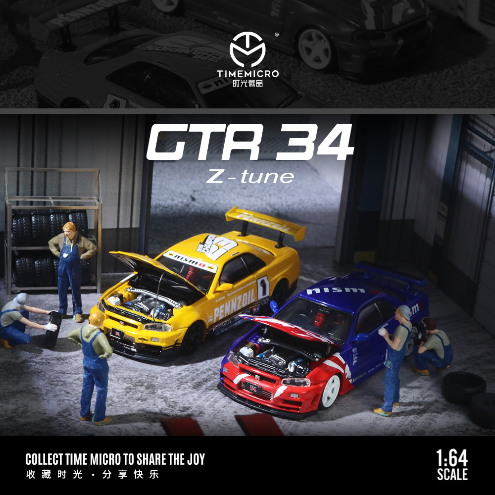 Time Micro 1:64 Nissan Skyline GT-R R34 Z-Tune Openable Engine Hood Red and Blue
