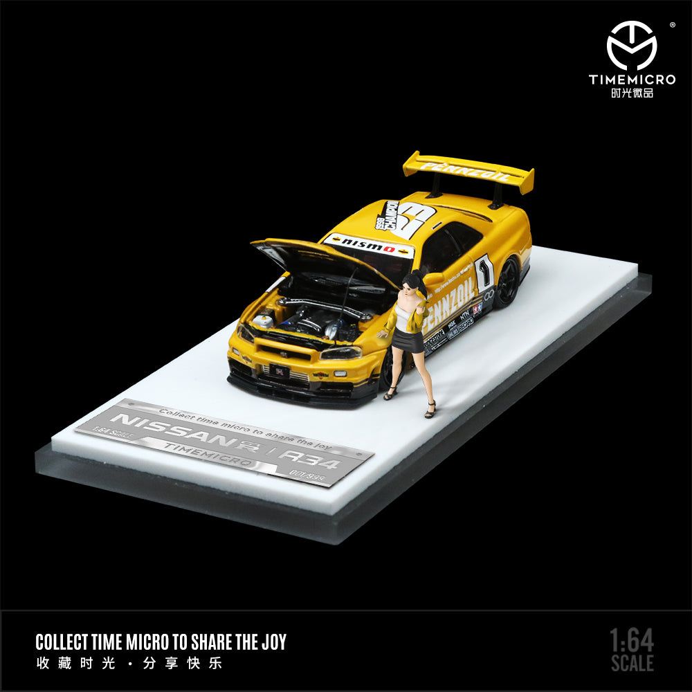 Time Micro 1:64 Nissan Skyline GT-R R34 Z-Tune Openable Engine Hood Yellow and Black with Model Girl Figure