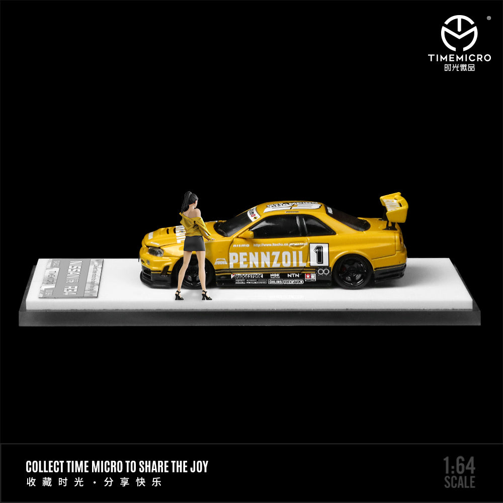 Time Micro 1:64 Nissan Skyline GT-R R34 Z-Tune Openable Engine Hood Yellow and Black with Model Girl Figure