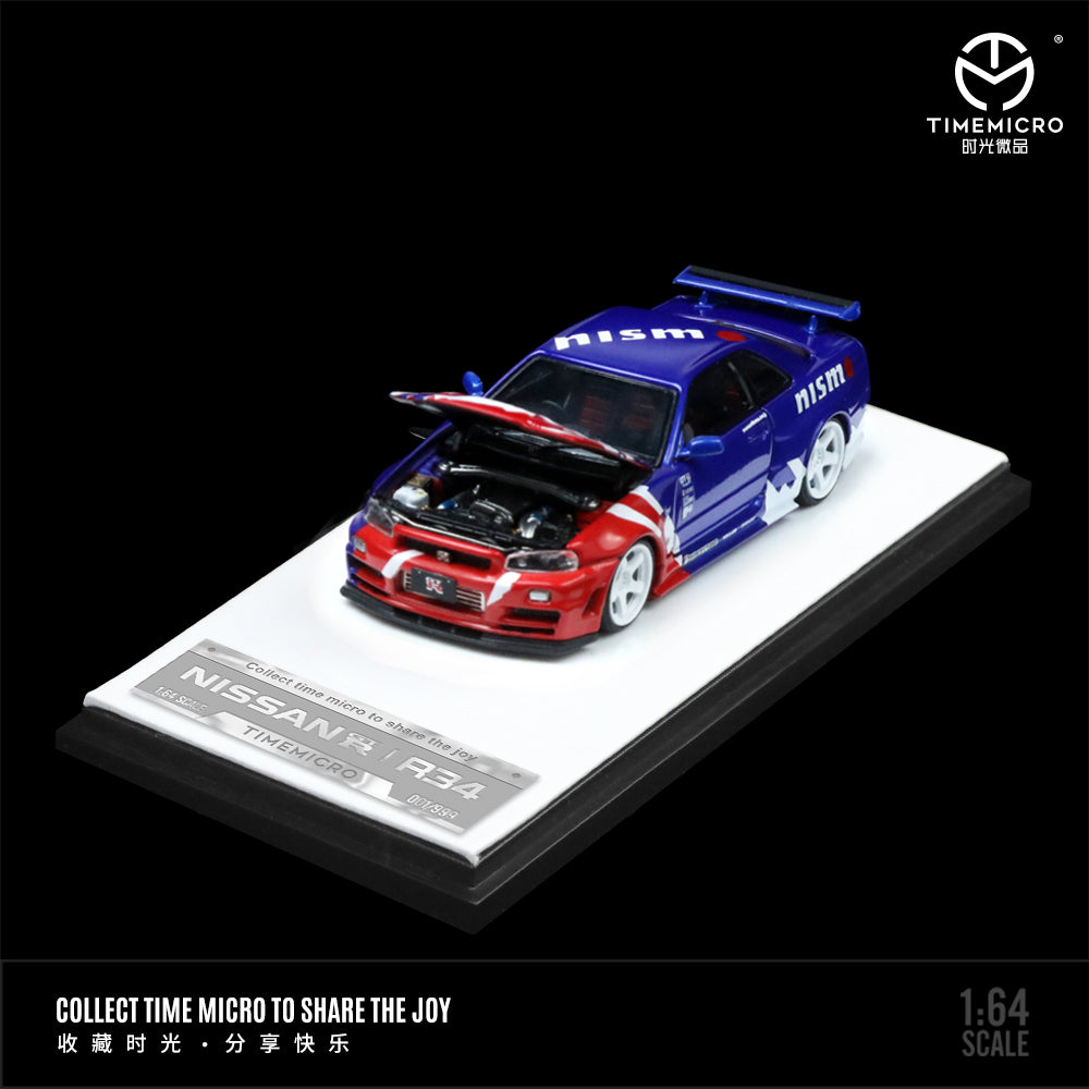 Time Micro 1:64 Nissan Skyline GT-R R34 Z-Tune Openable Engine Hood Red and Blue