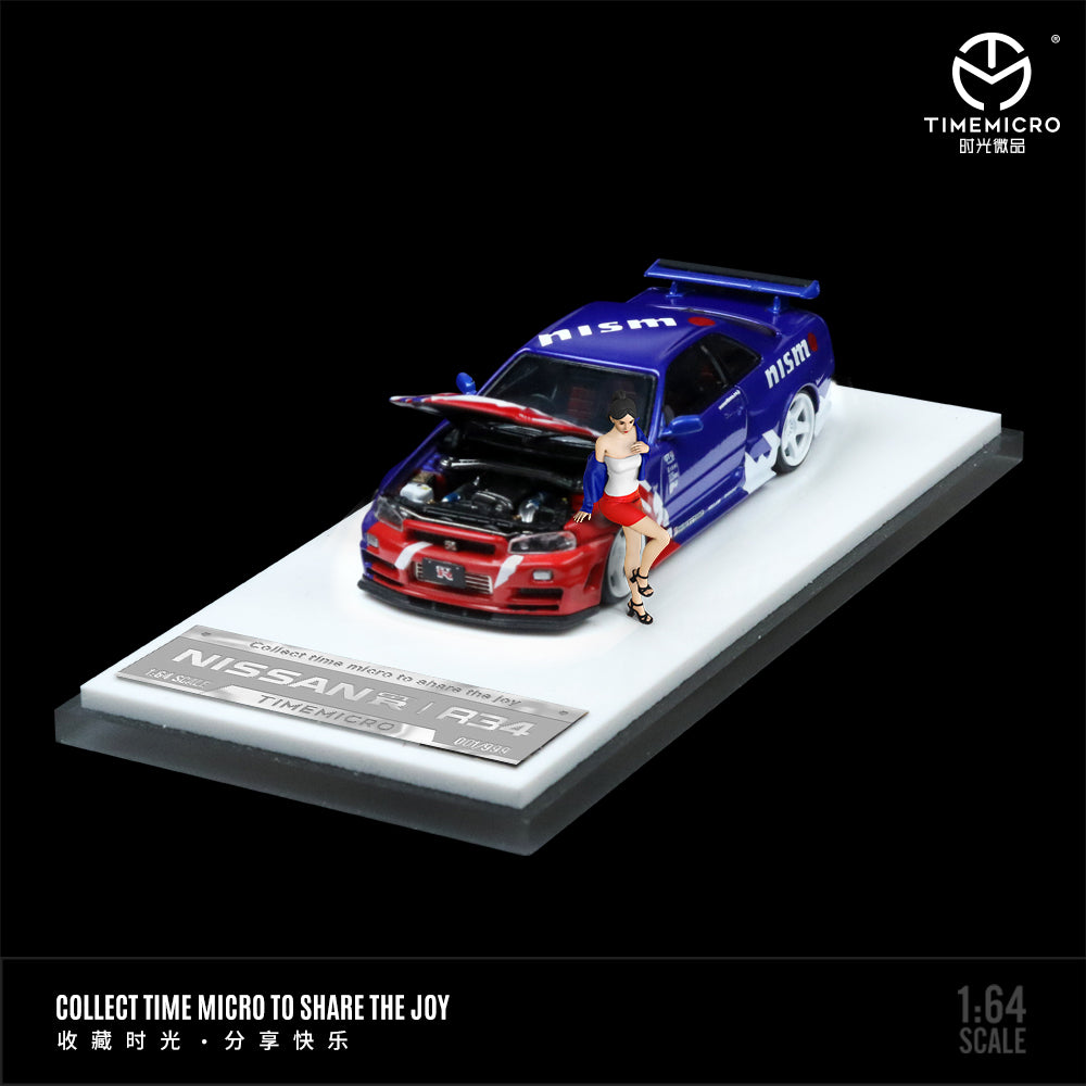 Time Micro 1:64 Nissan Skyline GT-R R34 Z-Tune Openable Engine Hood Red and Blue with Model Girl Figure
