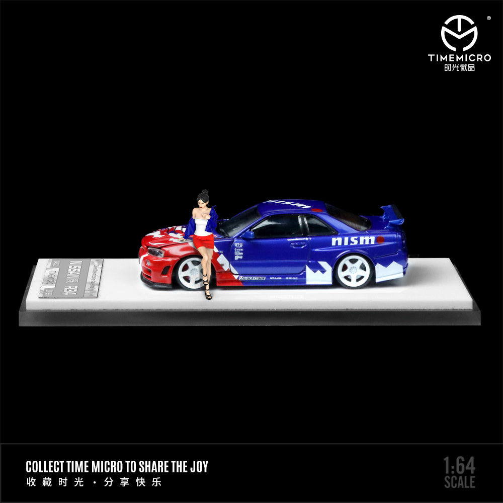 Time Micro 1:64 Nissan Skyline GT-R R34 Z-Tune Openable Engine Hood Red and Blue with Model Girl Figure