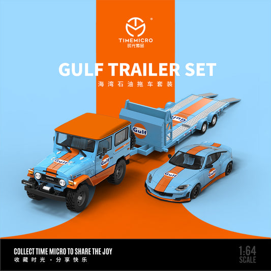 Time Micro 1/64 Car Hauler Trailer Set Gulf Edition - Toyota Land Cruiser FJ40 & Nissan Fairlady 400Z & Trailer
