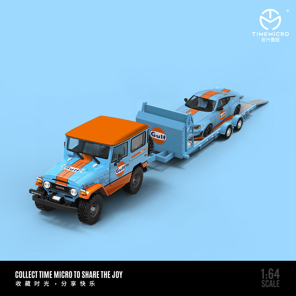 Time Micro 1/64 Car Hauler Trailer Set Gulf Edition - Toyota Land Cruiser FJ40 & Nissan Fairlady 400Z & Trailer