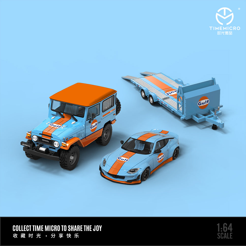 Time Micro 1/64 Car Hauler Trailer Set Gulf Edition - Toyota Land Cruiser FJ40 & Nissan Fairlady 400Z & Trailer