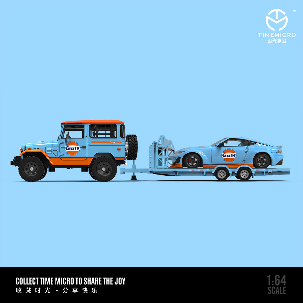 Time Micro 1/64 Car Hauler Trailer Set Gulf Edition - Toyota Land Cruiser FJ40 & Nissan Fairlady 400Z & Trailer