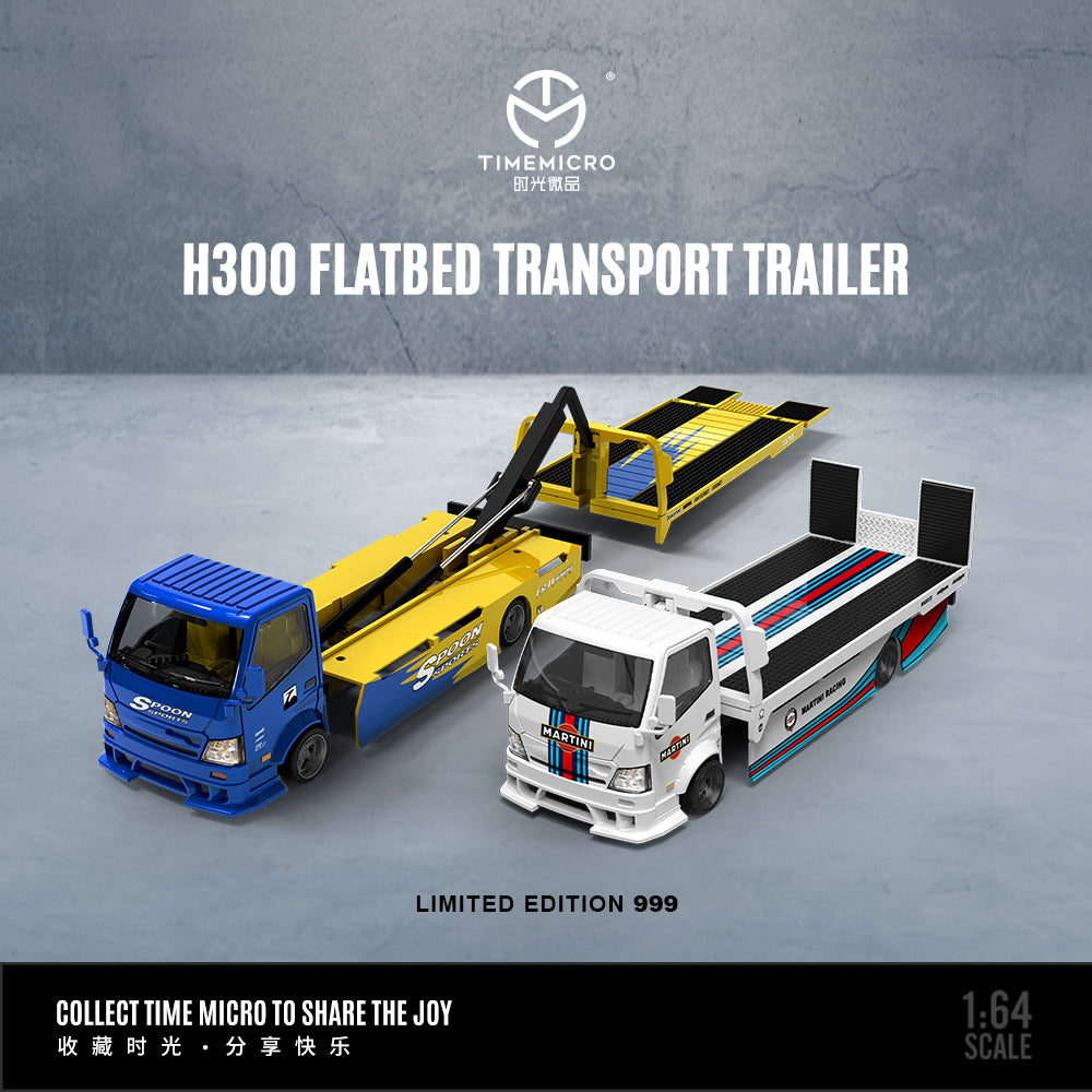 Time Micro 1:64 Hino H300 Flat Bed Transport Trailer Truck Extendable Flat Bed Martini Edition